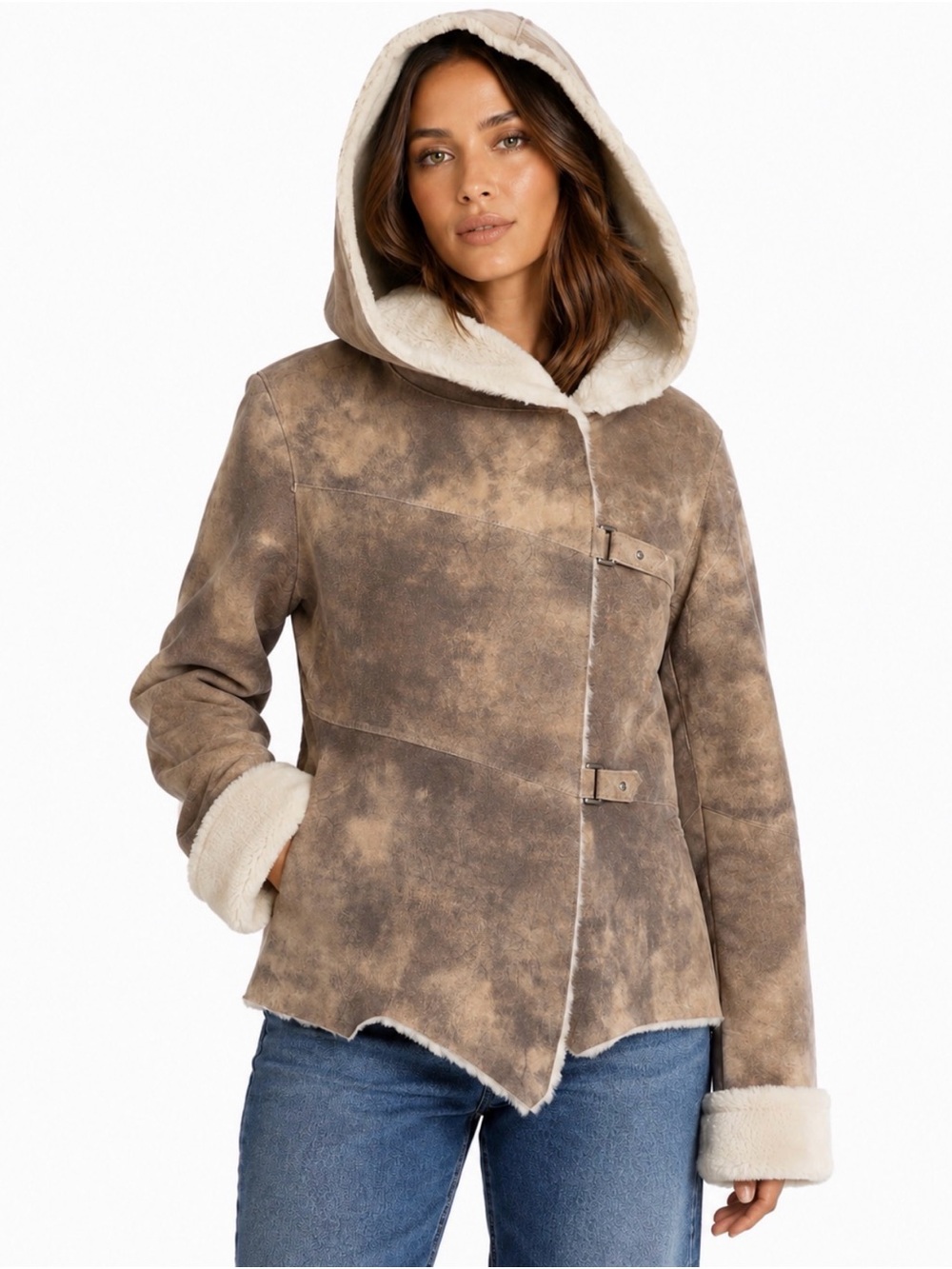VTG Newport News Leather and Faux Fur Taupe Distressed Hooded Jacket